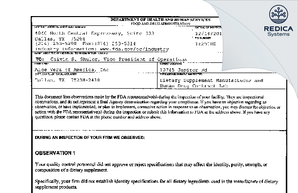 FDA 483 - Aloe Vera of America, Inc [Dallas / United States of America] - Download PDF - Redica Systems