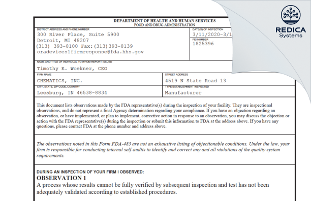 FDA 483 - CHEMATICS, INC. [Leesburg / United States of America] - Download PDF - Redica Systems