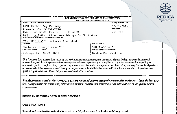 FDA 483 - Chalgren Enterprises, Inc. [Gilroy / United States of America] - Download PDF - Redica Systems