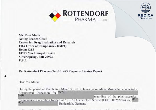 FDA 483 Response - Rottendorf Pharma GmbH [Ennigerloh / Germany] - Download PDF - Redica Systems