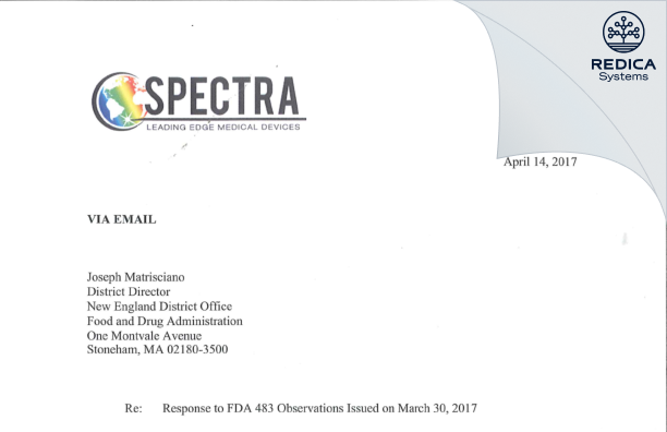FDA 483 Response - Spectra Medical Devices, LLC [Wilmington / United States of America] - Download PDF - Redica Systems