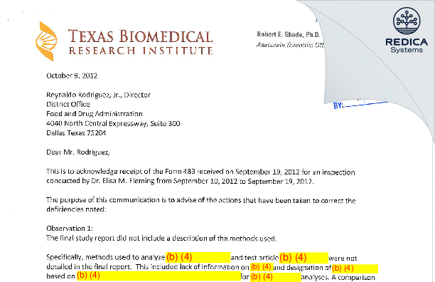 FDA 483 Response - Texas Biomedical Research Institute [San Antonio / United States of America] - Download PDF - Redica Systems