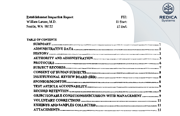 EIR - William Lanzer, M.D. [Seattle / United States of America] - Download PDF - Redica Systems