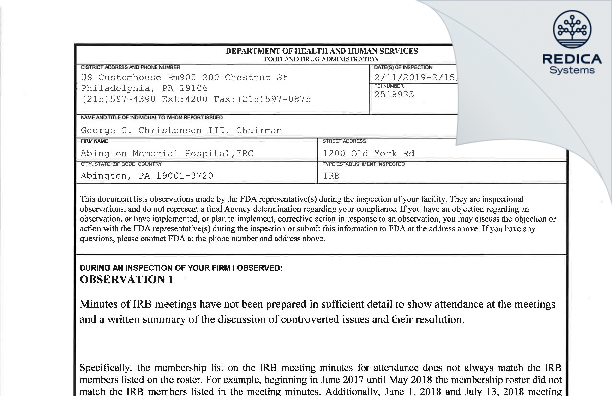 FDA 483 - Thomas Jefferson University IRB [Philadelphia / United States of America] - Download PDF - Redica Systems