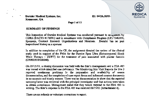 EIR - Dornier Medtech America, Inc. [Kennesaw / United States of America] - Download PDF - Redica Systems