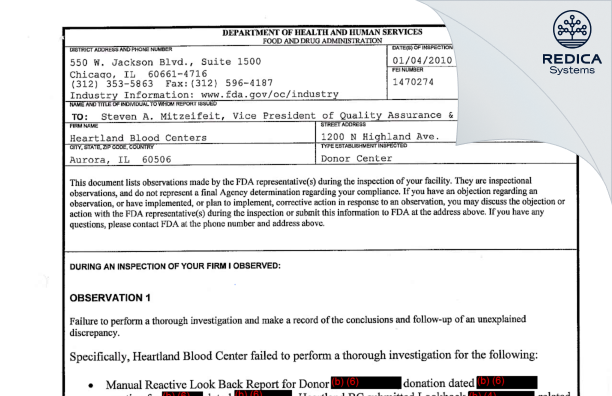FDA 483 - Versiti Illinois Inc [Aurora / United States of America] - Download PDF - Redica Systems