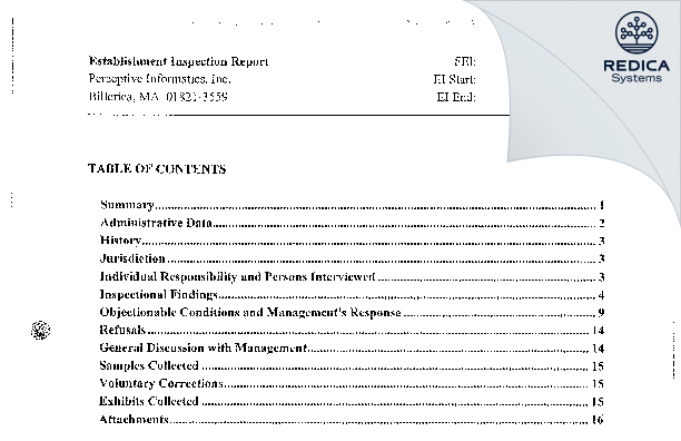 EIR - Perceptive Informatics LLC (d.b.a. Calyx) [Billerica / United States of America] - Download PDF - Redica Systems