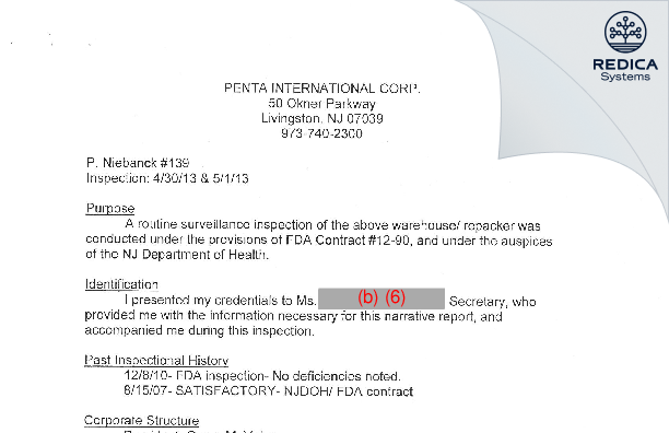 FDA 483 Response - Penta International Corp [Jersey / United States of America] - Download PDF - Redica Systems