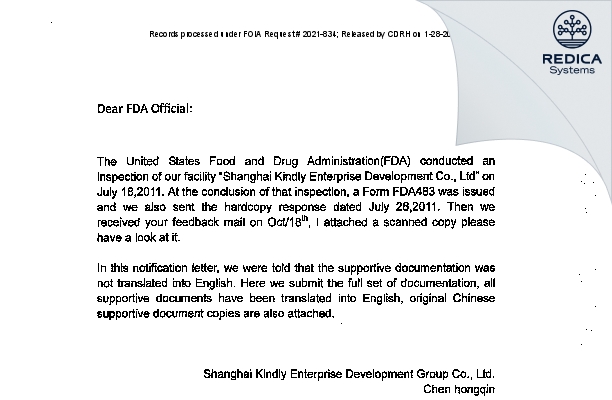 FDA 483 Response - Shanghai Kindly Enterprise Development Group Co., Ltd. [Shanghai / China] - Download PDF - Redica Systems