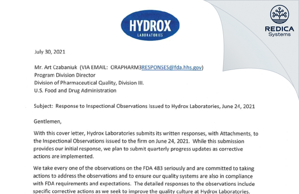 FDA 483 Response - Hydrox Laboratories [Elgin / United States of America] - Download PDF - Redica Systems