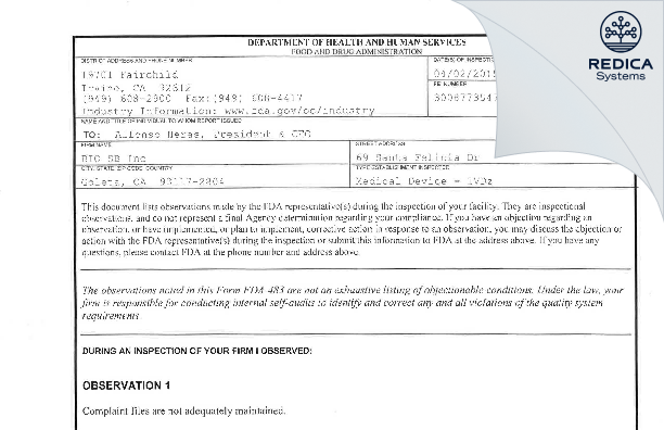 FDA 483 - BIO SB Inc [Goleta / United States of America] - Download PDF - Redica Systems