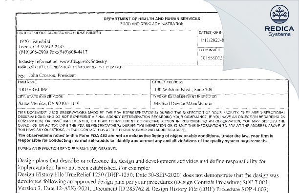 FDA 483 - TRUERELIEF [Santa Monica / United States of America] - Download PDF - Redica Systems