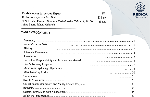 EIR - Technocom Systems Sdn Bhd [Johor Bahru / Malaysia] - Download PDF - Redica Systems