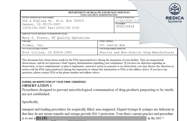 FDA 483 - TOLMAR INC [Fort Collins / United States of America] - Download PDF - Redica Systems