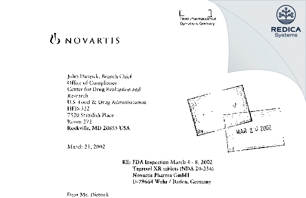 FDA 483 Response - Novartis Pharma Produktions GmbH [Wehr / Germany] - Download PDF - Redica Systems