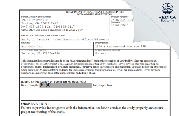 FDA 483 - BioCorRx Inc [Anaheim / United States of America] - Download PDF - Redica Systems