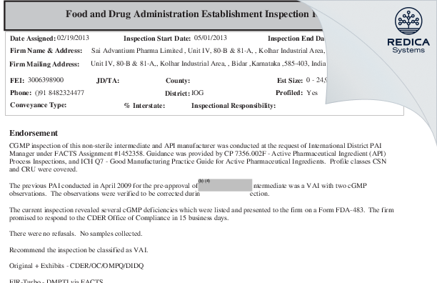 FDA 483 - Sai Life Sciences Limited [India / India] - Download PDF - Redica Systems