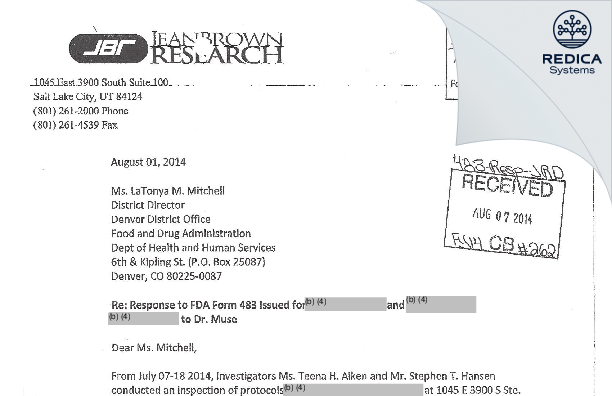 FDA 483 Response - Jean Brown Research [Salt Lake City / United States of America] - Download PDF - Redica Systems