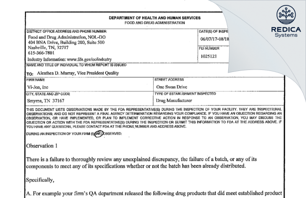 FDA 483 - Vi-Jon, LLC [Smyrna / United States of America] - Download PDF - Redica Systems