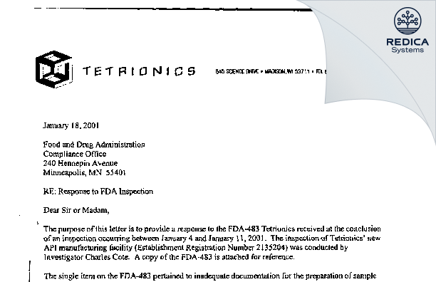FDA 483 Response - SAFC Inc [Madison / United States of America] - Download PDF - Redica Systems