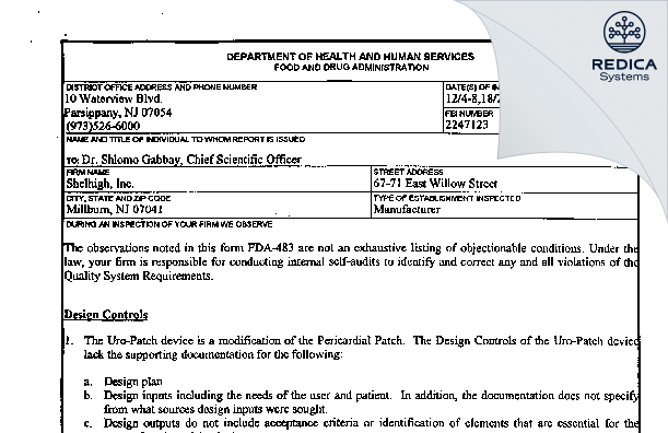 FDA 483 - Shelhigh, Inc. [Millburn / -] - Download PDF - Redica Systems