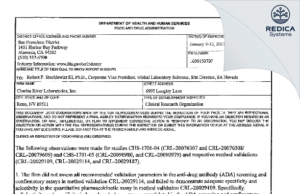 FDA 483 - Charles River Laboratories, Inc [Reno / United States of America] - Download PDF - Redica Systems