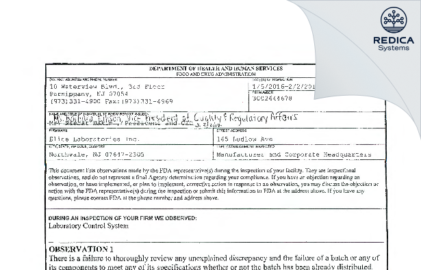 FDA 483 - Elite Laboratories, Inc. [Jersey / United States of America] - Download PDF - Redica Systems