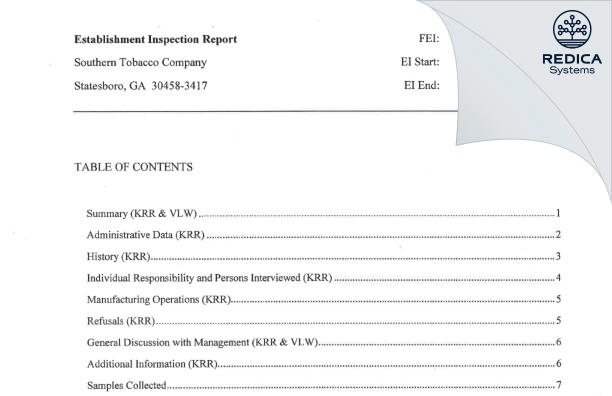 EIR - Southern Tobacco Company [Statesboro / United States of America] - Download PDF - Redica Systems