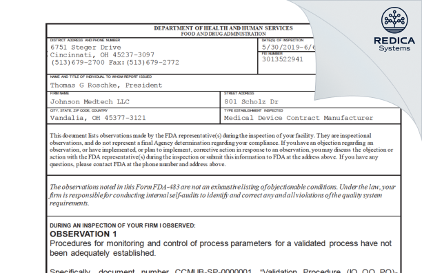 FDA 483 - Johnson Medtech LLC [Vandalia / United States of America] - Download PDF - Redica Systems
