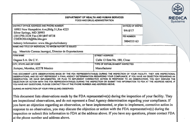 FDA 483 - Degasa, S.A. de C.V. [Mexico / Mexico] - Download PDF - Redica Systems