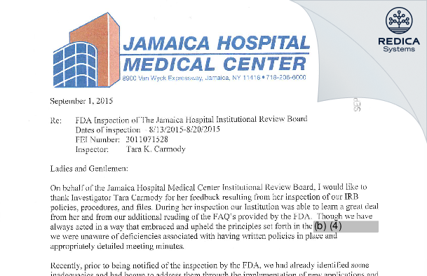 FDA 483 Response - Jamaica Hospital Medical Center IRB [Jamaica / United States of America] - Download PDF - Redica Systems