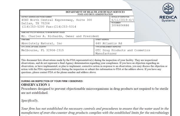 FDA 483 - Absolutely Natural [Florida / United States of America] - Download PDF - Redica Systems