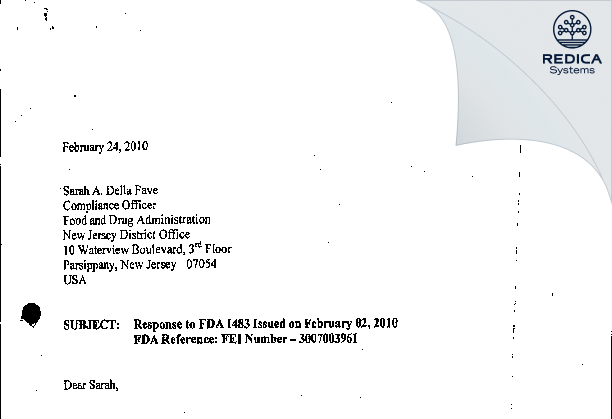 FDA 483 Response - Claris Lifesciences Inc [North Brunswick / United States of America] - Download PDF - Redica Systems
