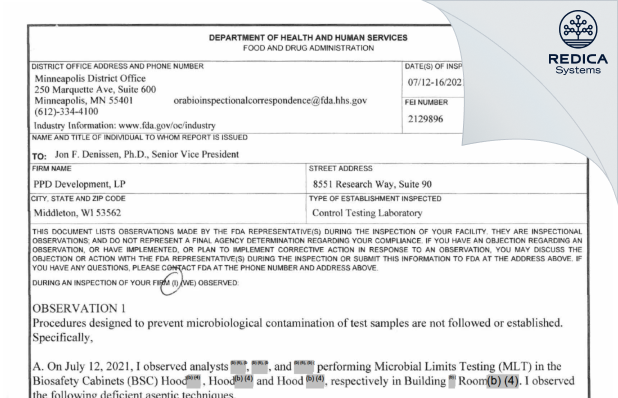 FDA 483 - PPD Development, L.P. [Middleton / United States of America] - Download PDF - Redica Systems
