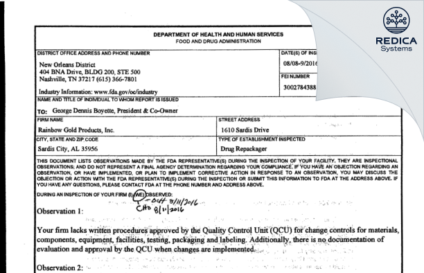 FDA 483 - Rainbow Gold Products, Inc. [Sardis City / United States of America] - Download PDF - Redica Systems