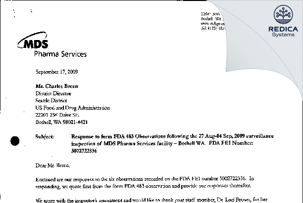 FDA 483 Response - MDS Pharma Services [Bothell / United States of America] - Download PDF - Redica Systems
