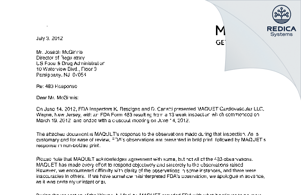 FDA 483 Response - Maquet Cardiovascular, LLC [Wayne / United States of America] - Download PDF - Redica Systems