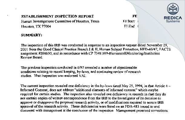 EIR - Human Investigations Committee of Houston Texas [Houston / United States of America] - Download PDF - Redica Systems