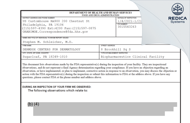 FDA 483 - DERMDOX CENTERS FOR DERMATOLOGY [Sugarloaf / United States of America] - Download PDF - Redica Systems