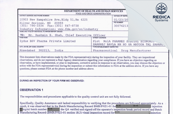 FDA 483 - Zydus Lifesciences Limited [India / India] - Download PDF - Redica Systems