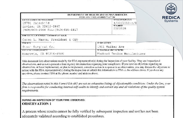 FDA 483 - Staar Surgical Co. [Monrovia / United States of America] - Download PDF - Redica Systems