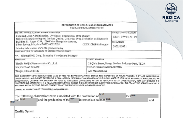 FDA 483 - Tianjin Weijie Pharmaceutical Co., Ltd. [Tianjin 300480 China / China] - Download PDF - Redica Systems