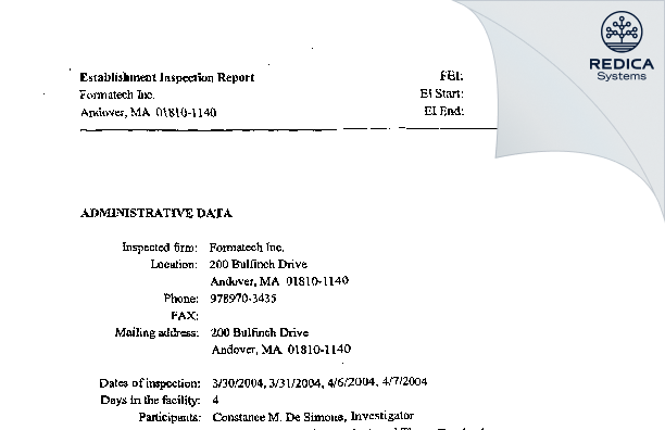 EIR - Formatech Inc. [Andover / United States of America] - Download PDF - Redica Systems