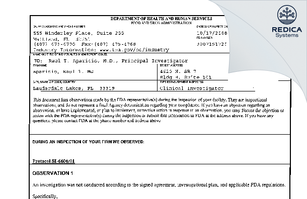 FDA 483 - Aparicio, Raul T. MD [Lauderdale Lakes / United States of America] - Download PDF - Redica Systems