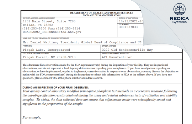 FDA 483 - Pisgah Laboratories Inc [Pisgah Forest / United States of America] - Download PDF - Redica Systems