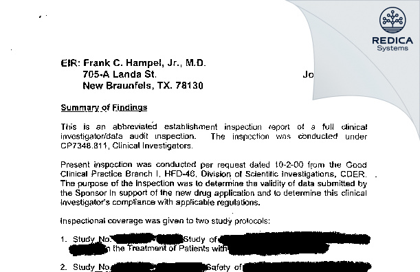 EIR - Central Texas Health Research [New Braunfels / United States of America] - Download PDF - Redica Systems
