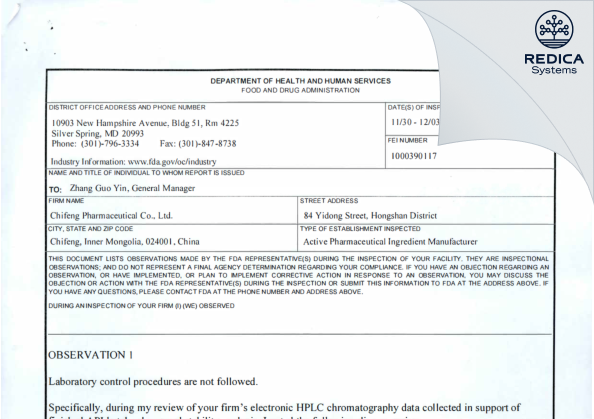 FDA 483 - Chifeng Pharmaceutical Co. Ltd [China / China] - Download PDF - Redica Systems