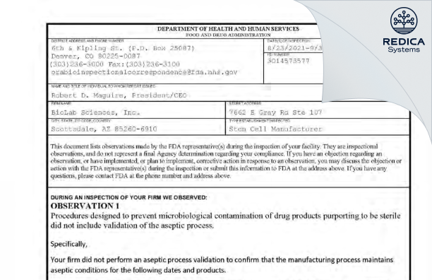 FDA 483 - BioLab Sciences, Inc. [Scottsdale / United States of America] - Download PDF - Redica Systems