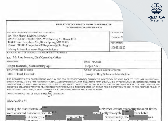 FDA 483 - FUJIFILM Diosynth Biotechnologies Denmark ApS [Hillerod / Denmark] - Download PDF - Redica Systems