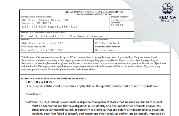 FDA 483 - Par Sterile Products LLC [Rochester / United States of America] - Download PDF - Redica Systems
